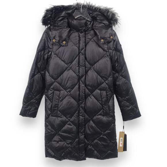Donna Karan New York Jackets & Blazers - Donna Karan Faux Fur Trim Hooded Puffer Coat XS Long Sleeve Pocket Zip Up NWT